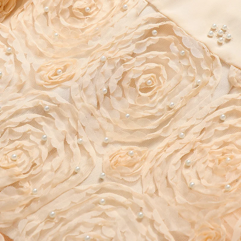 Elegant and Sweet Style Solid Beige Color Floral Lace Swing Summer Chiffon Beading Ornamental Woman Dress with Back Zip Closure