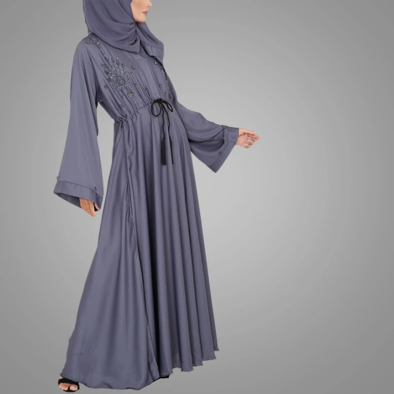 South Indian Sexy Girls Picture High Quality Kaftan Kimono Abaya Dark Gray Elegant Embroidery Pearls Dubai Abaya