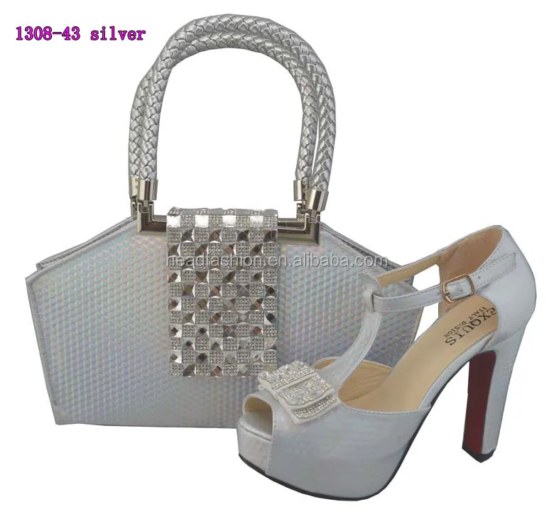 1308-43-silver--New Arrival top design Italian matching shoes and bag sets for party and wedding