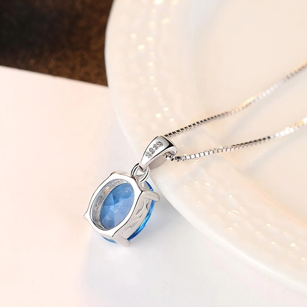CZCITY Sky Blue Topaz Stone Pendant Oval Shape Natural Stone 925 Sterling Silver White Gold Plated Chain Necklace for Women