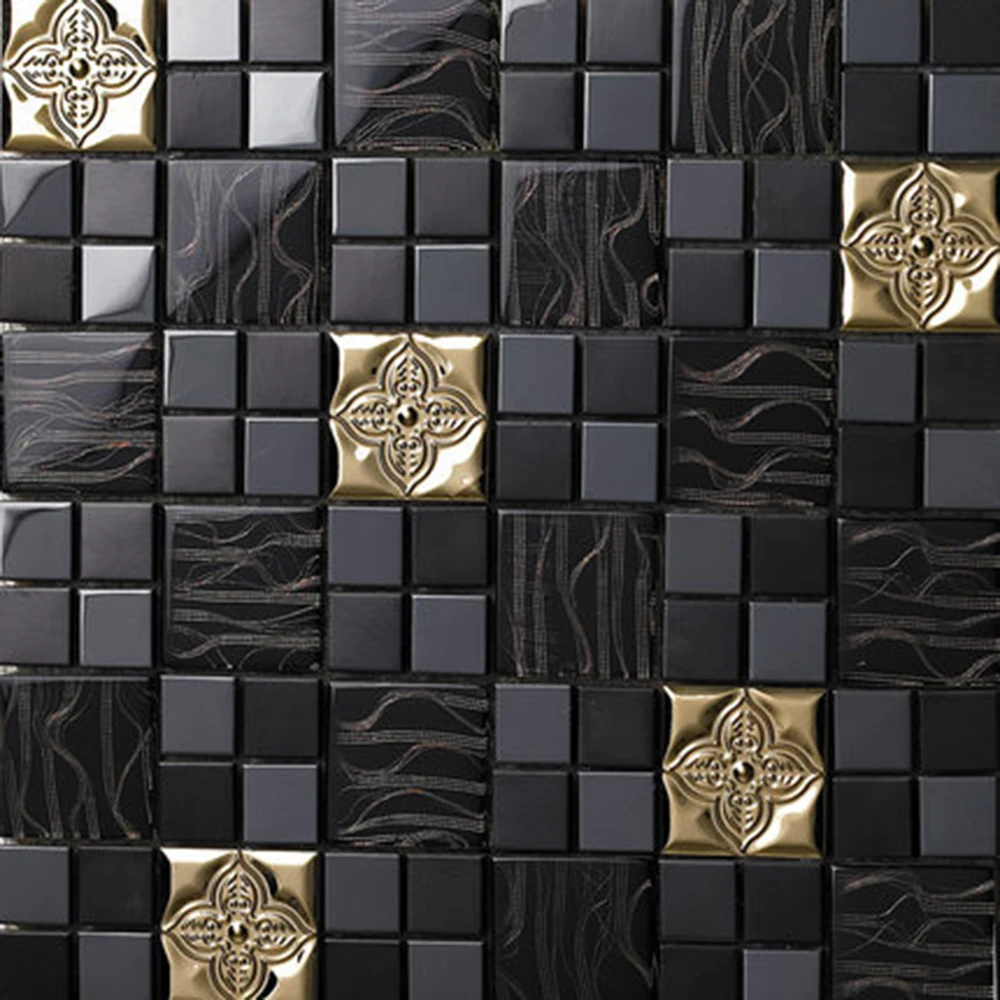 Luxury glass mosaic wall decoration golden flowers mixed metal pattern mosaic tile