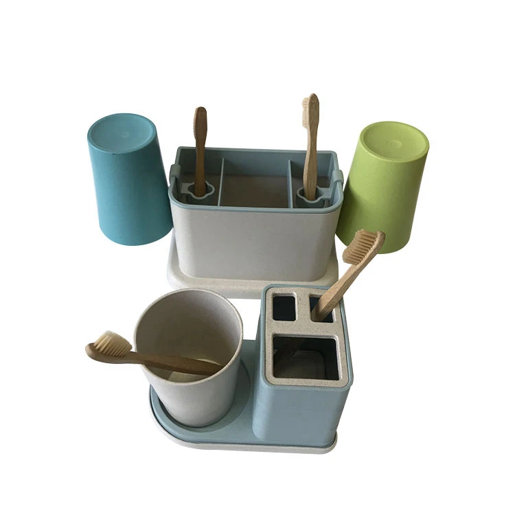 Toothbrush Holder Wheat Straw Multi-functional Waterproof Toothbrush Holder With 2 Cups Family Bathroom Storage Organizer