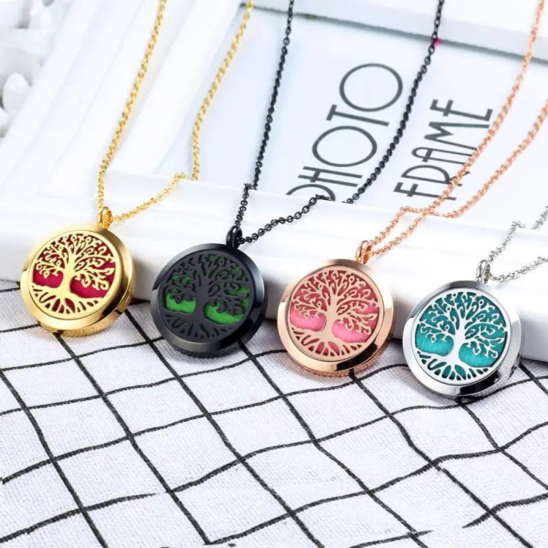 Tree Of Life Titanium Stainless Steel 316L Jewelry Gold Plated Necklace Locket Women Aroma Essential Oil Diffuser Necklace
