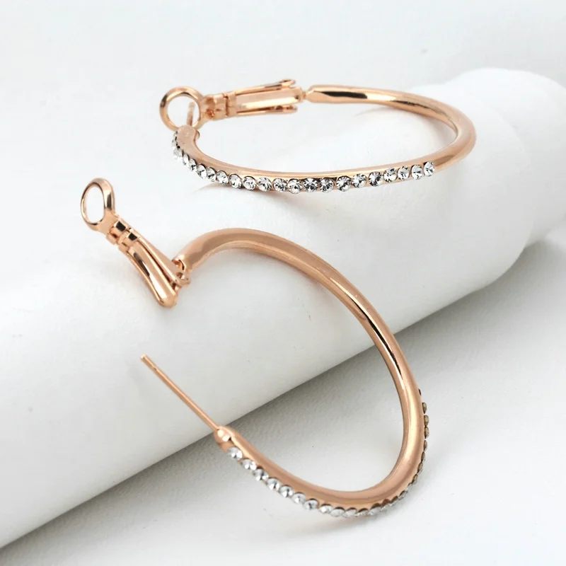 Classic Big Round Crystal Rose Gold Color Hoop Earrings for women Girl Fashion Jewelry Wholesale Top Quality E307