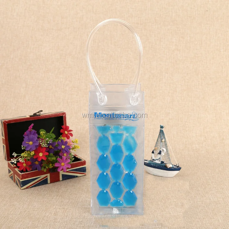 PVC wine cooler ice bottle liquid bag with pvc piping handle custom logo cooling gel holder carrier