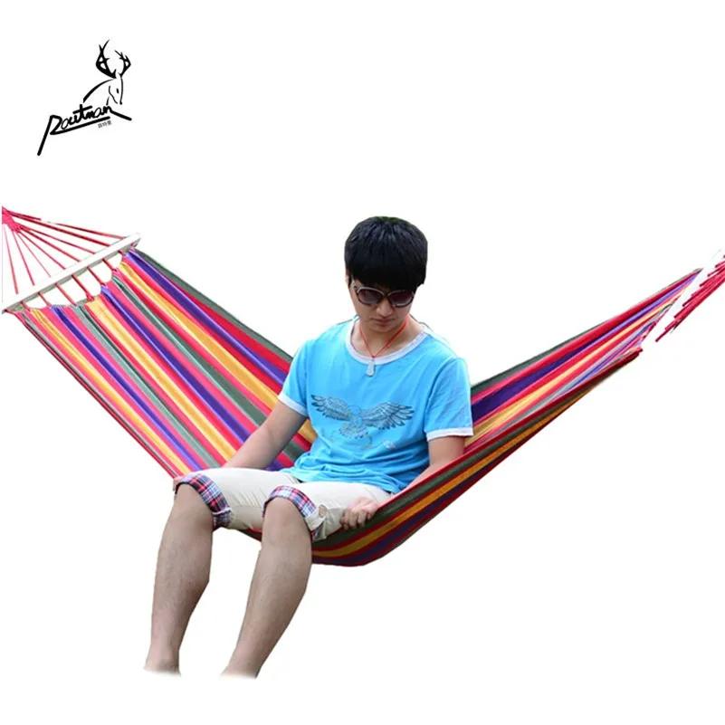 RO-15 ROUTMAN Folding 2 Person Double Outdoor Portable Camping Canvas Hammock with Wooden Stick