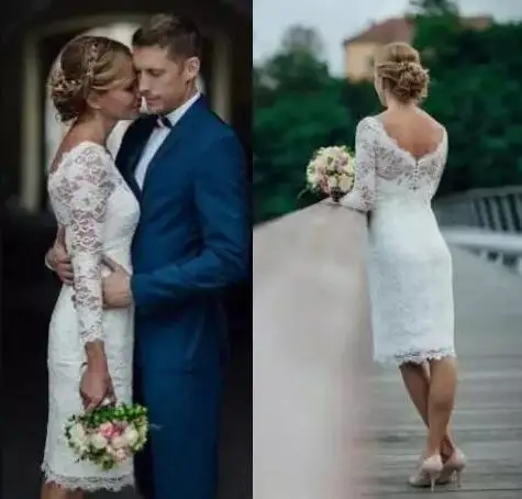 Backless Lace Bodycon Knee Length Short Wedding Dresses With Sleeves