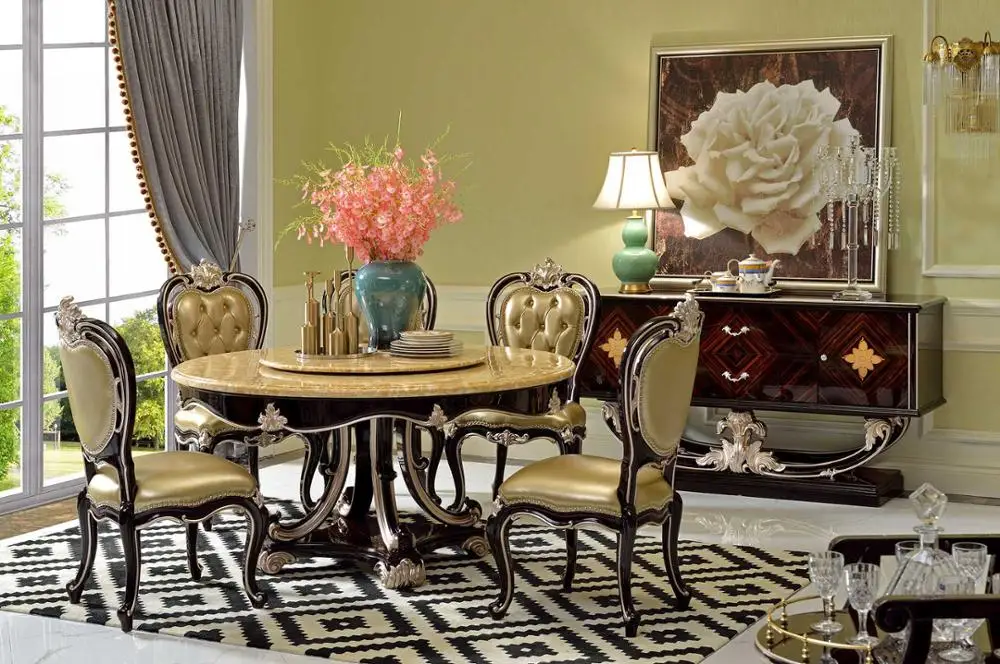 European Style Rectangle Dining tables and chairs, Wooden Hand Carved Dining Room Furniture Sets