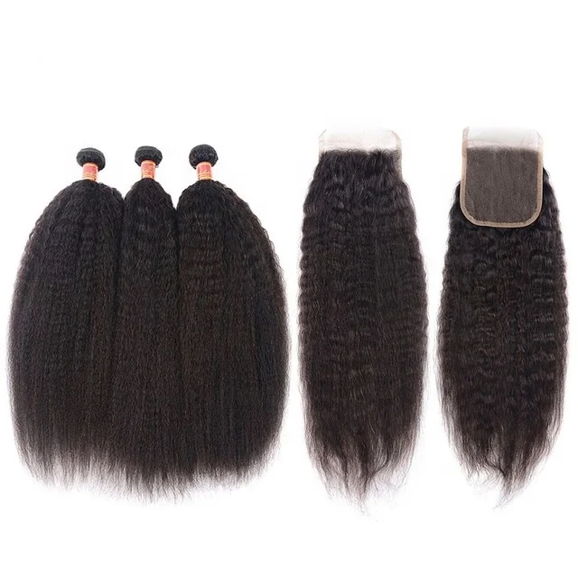 Brazilian Human Yaki Hair Weft With Lace Front Closure,Cuticle Aligned Virgin Kinky Straight Frontal Lace Closure With Bundles