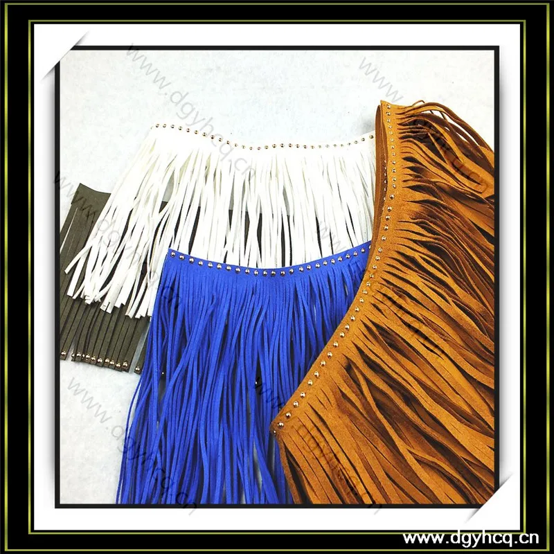 Fashion style long fringe trim microfiber suede leather fringe trim with rhinestone for shoes handbags pillow decoration