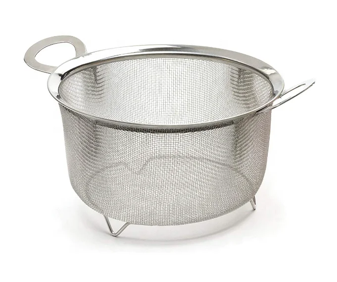 Stainless Steel Mesh Net Strainer Basket with a Wide Rim Resting Feet and Handles