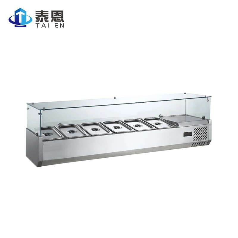 
Factory Hot Selling Table Top Glass Lid Cover Salad Bar Stainless Steel Commercial Refrigerated Counter Fridge 