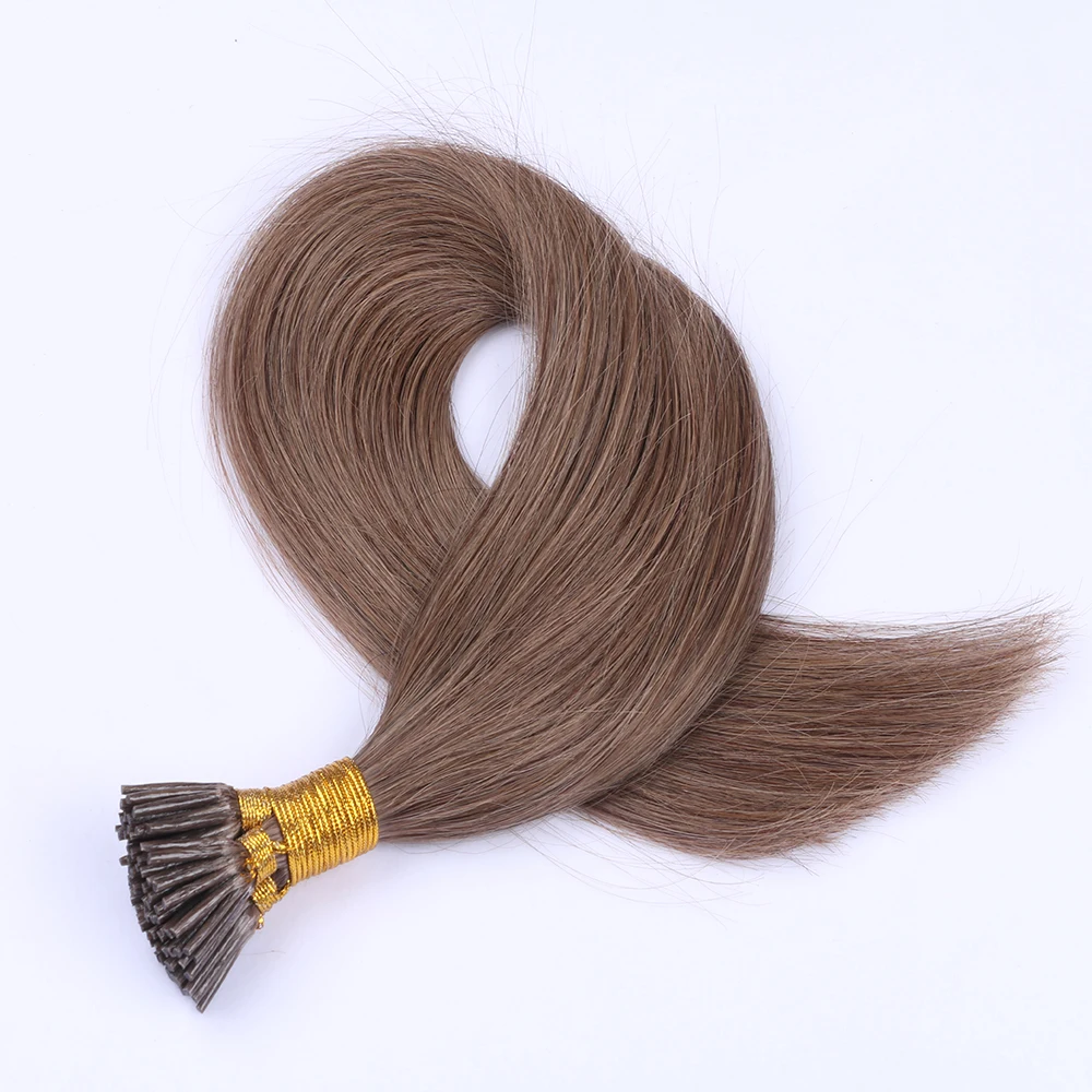 100 Strands I Tip Hair Extensions Human Hair Light Brown #8 Color Soft Straight Remy Hair Pre Bonded Stick Shoelace Tips