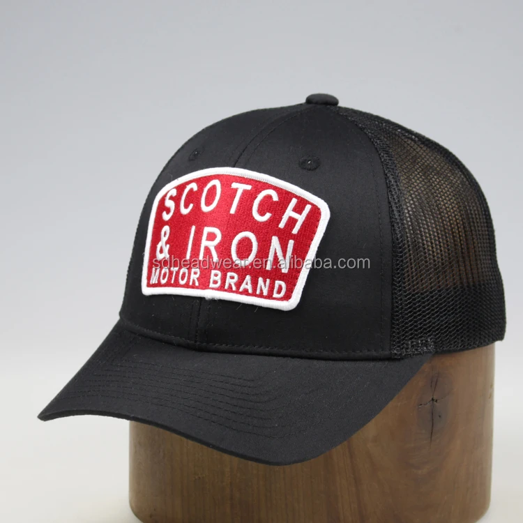 Custom design black cotton curved brim trucker hats with embroidery patch