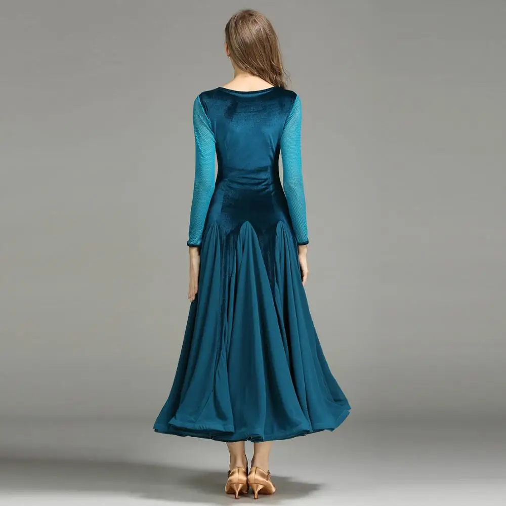 YF-MY750 Women Ladies Adults Velvet Gauze Grid Splicing Dancing Dress Waltz Tango Ballroom Costume Evening Party V-neck Dress