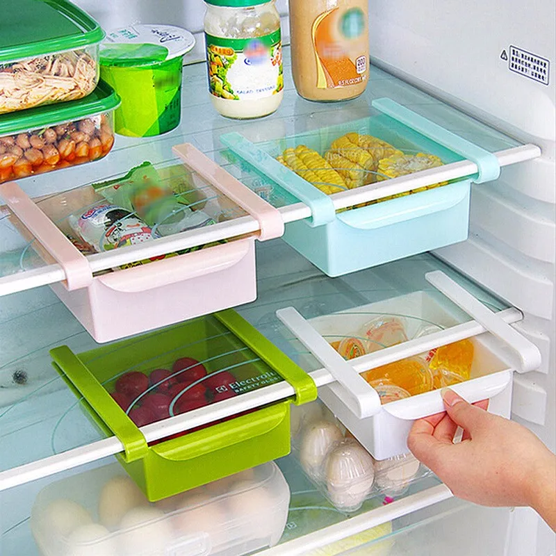 4 Pcs/lot Plastic Kitchen Refrigerator Storage Rack Fridge Freezer Shelf Holder Pull-out Drawer Organiser Space saver