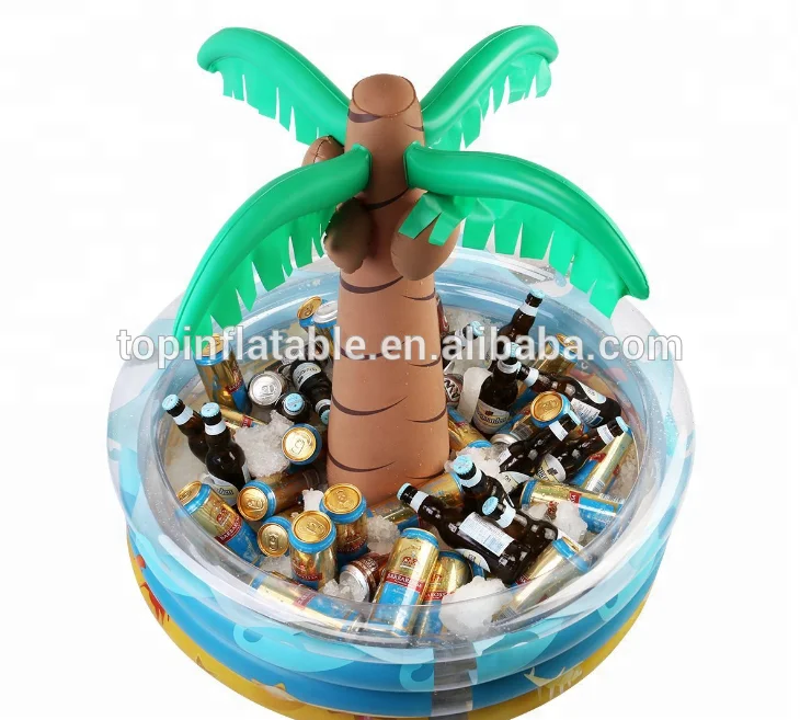 2 in 1 swimming pool beach party carnival inflatable palm tree floating ice soft drink beer can cup cooler