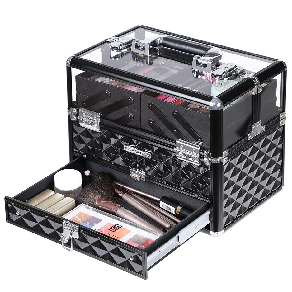 Deluxe Makeup Case Beauty Cosmetic Vanity Organizer for Professional Artist Use Train Case with Transparent Acrylic Lid