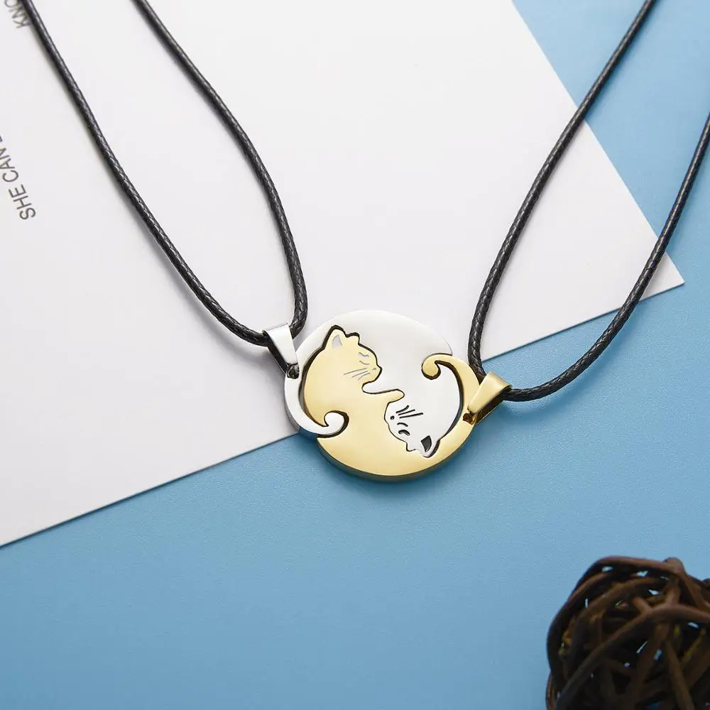 New arrival cat shape fashion design silver and black stainless steel couple cat necklace for men women jewelry wholesale