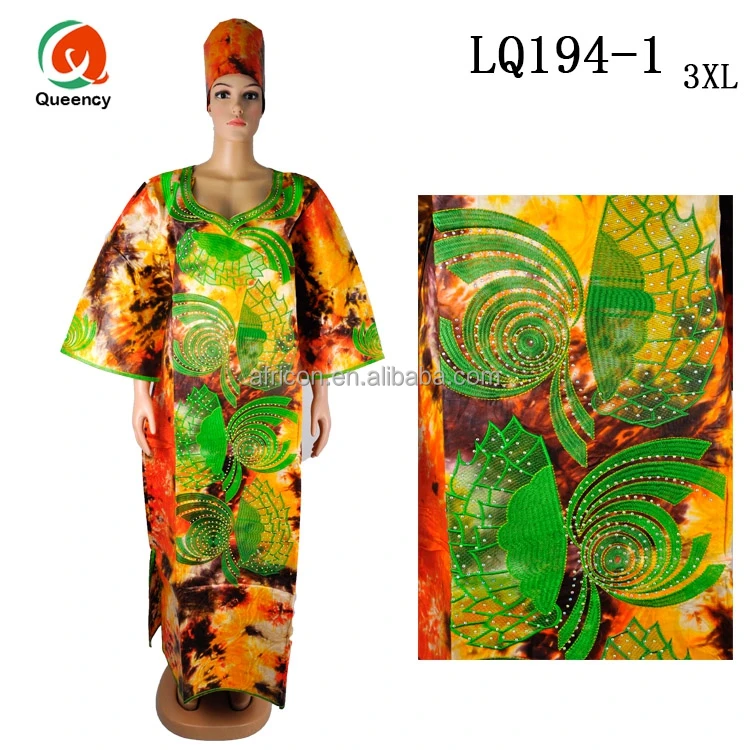 LQ192 Queency Fashion Style African Bazin Embroidery Design Dress with Head Scarf Plus Size