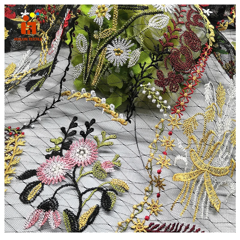 HLPD301 Mesh Custom 3D flower Embroidery Multi Color African Color Tulle Lace Fabric for Dress