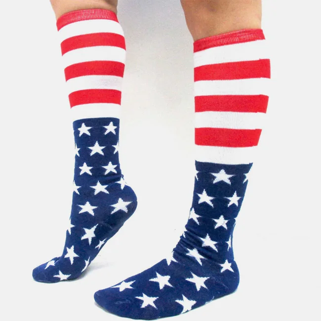 Fashion Custom Flag Socks, American Flag Men Pattern Socks, Foot Traffic American Flag Stars & Stripes Knee Long Socks Men
