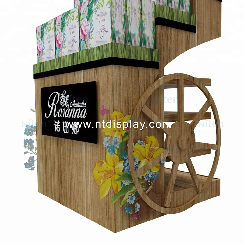 Creative Custom Mall wooden candy cart ornate metal material beauty care products skin care display for promotion with wheel