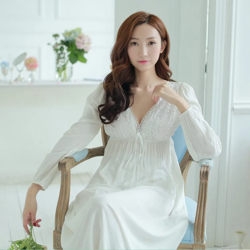 Quiki Autumn Vintage Nightgowns V-neck Ladies Dresses Princess White Sexy Sleepwear Solid Lace Comfortable Nightdress