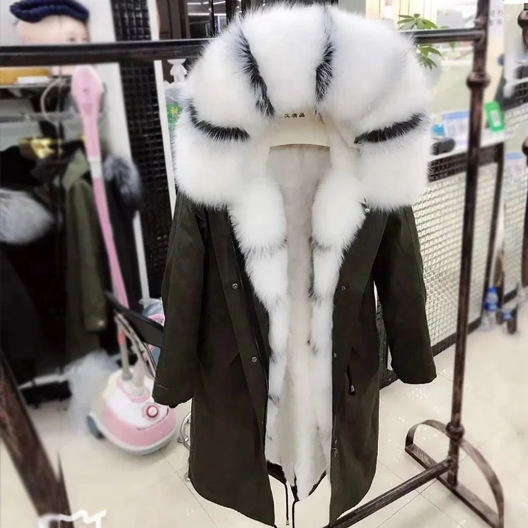 Ladies Black Mink Fur Lining Parka Coat With Fur Hood