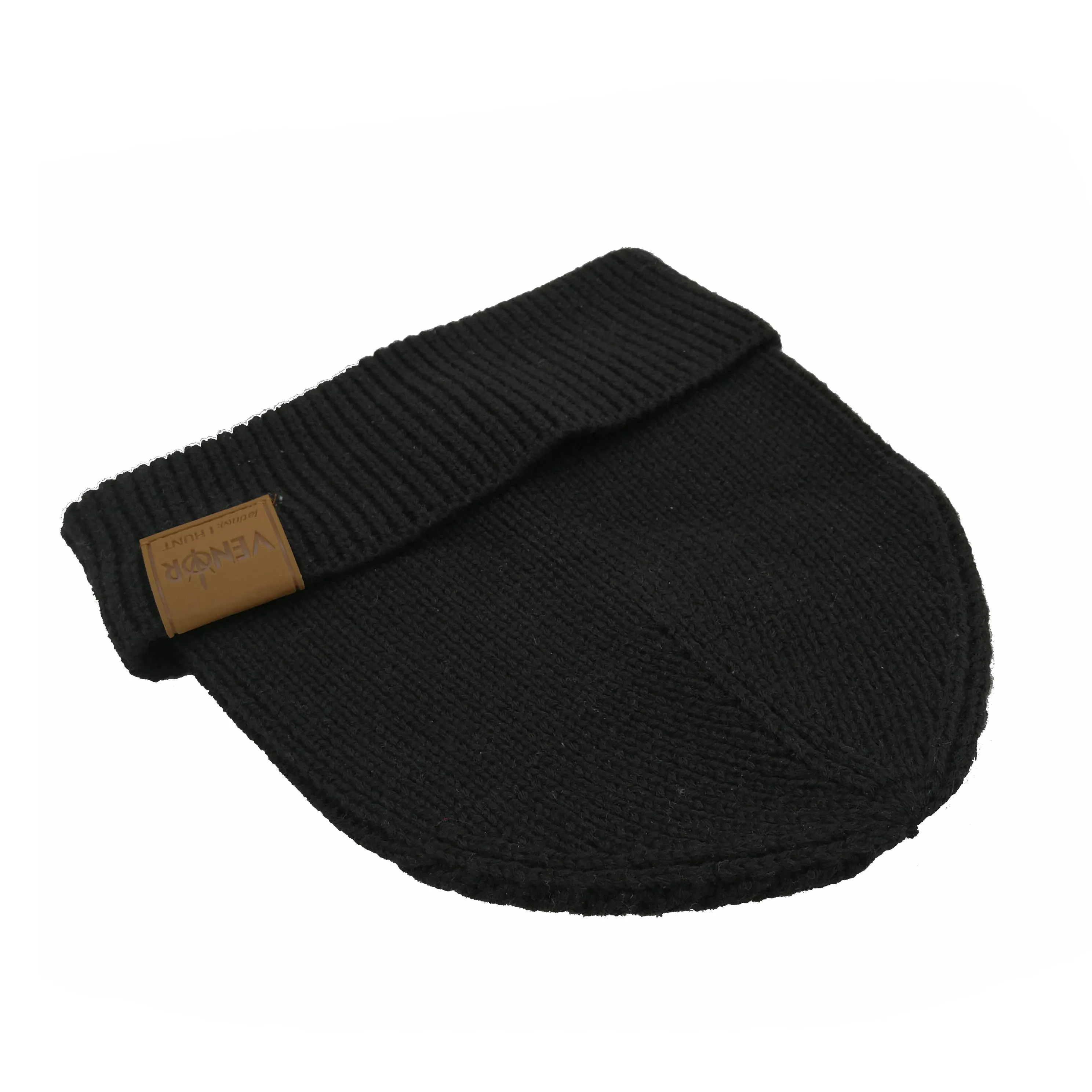 Black Wool Blend Soft Fisherman Slouchy Custom Knitted Ribbed Beanie With Leather Label