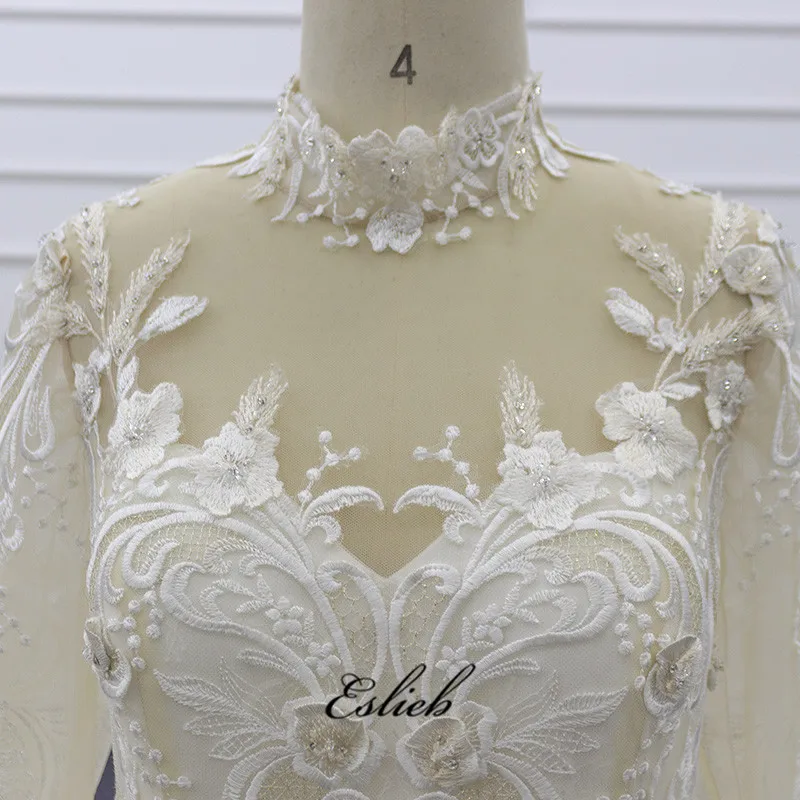 Eslieb SJ196 real photo high neckline champagne heavy beaded  lace pearl lace embroidered muslim  wedding dress