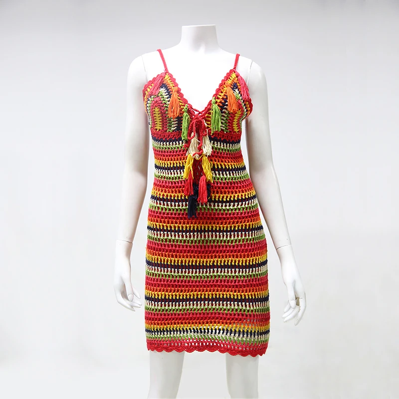 
Summer Women Colorful Sexy V Neck Cotton Short Dress Slim Spaghetti Strap Crochet Dress Elastic Backless Tassel Mini Dresses 