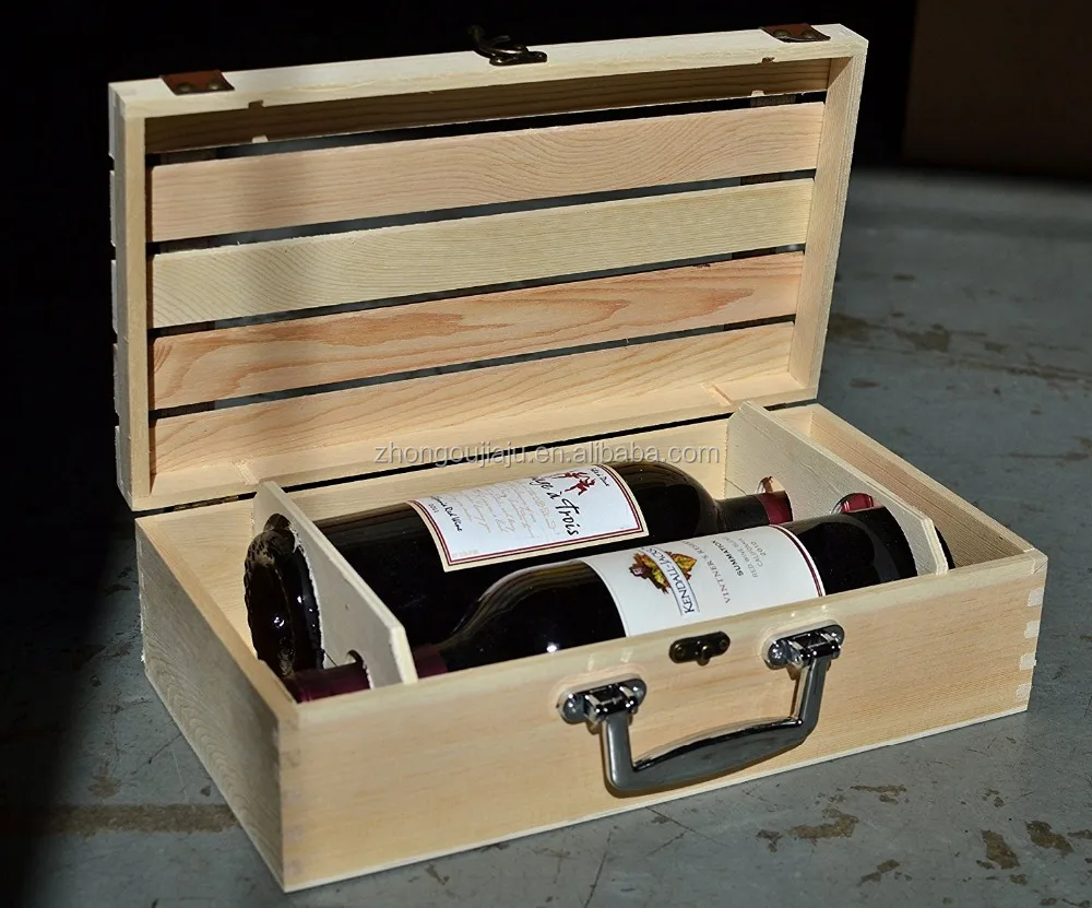 Natural Wood Crate 2 Wine Bottle Travel Storage Box / Display Case