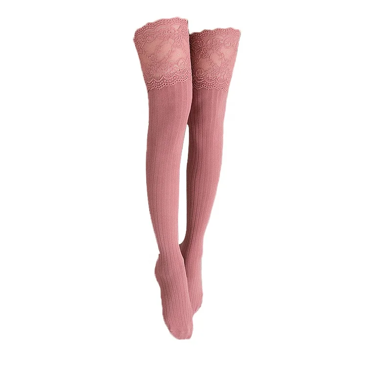 Vertical Stripes Cotton Pantyhose Japanese  Anti slip Lace Thigh High Overknee Socks