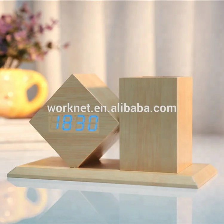 Wholesale Office Alarm and Thermometer Crystal Stand Digital Desk Table Wooden Clock with Pen Holder For Promotional Gift