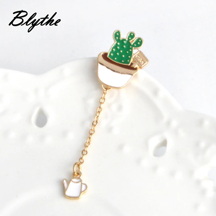 Factory Custom Green Cactus Aloe Tree Bonsai Potted Plants Brooch Women Girl Drip Pin Badge Jacket Clothes Pins