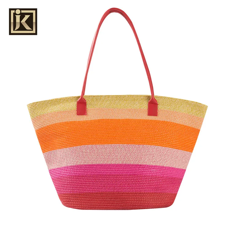JAKIJAYI Factory price bohemia rainbow colorful hat stripe paper straw beach bag set for women