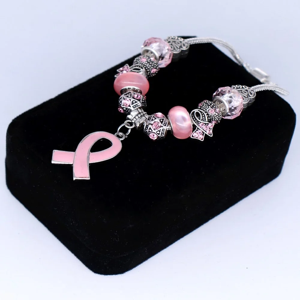 Pink RIbbon Breast Cancer Awareness Big Hole Beads Bracelets With Snake Chain For Women Survivor Souvenir Gift
