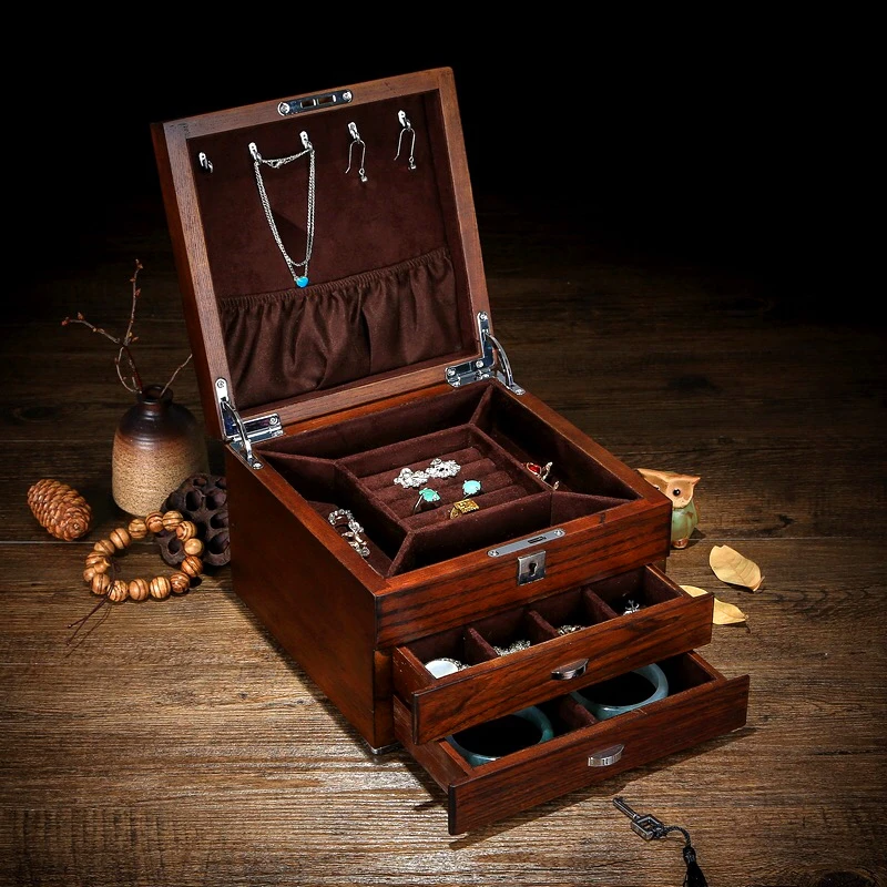 Custom  New Wholesale Solid Wood  Jewelry  Box With Lock Luxury Wooden Case