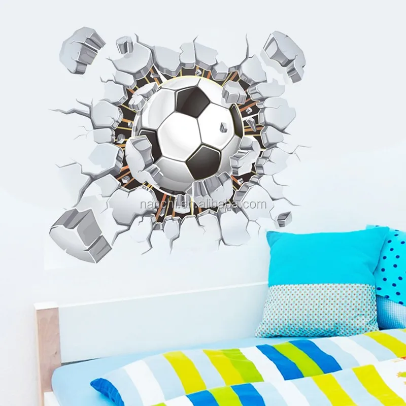 Football Soccer ball through the wall wall decals room decor 3d wall stickers kids boys room decoration