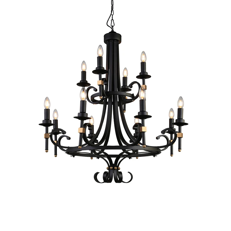 Antique castle European classical style pure black creative iron 12 lamp holder chandelier