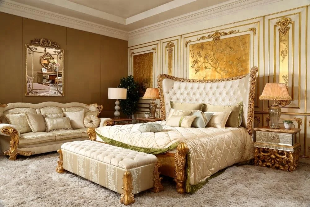 BISINI Luxury Style mirror faced hand carved gold foil wooden bedside table of wedding bedroom furniture - BF07-10058