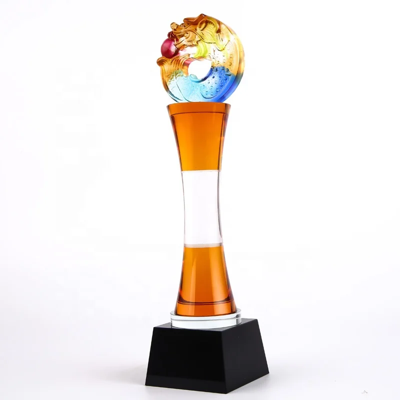 New hot selling customized crystal trophy with Liuli dragon and colorful wreathed column for gifts