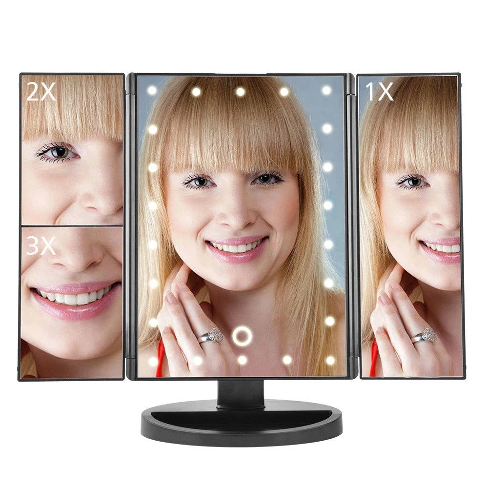 LED Light Touch Screen Light Control 3 Folding Magnifying Mirrors Desktop Rechargeable Make up Mirror Lamp For Makeup