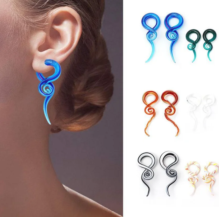 Glass Ear Spiral Taper Piercing Set Gauges Multi Color Ear Plug Hangers Expander