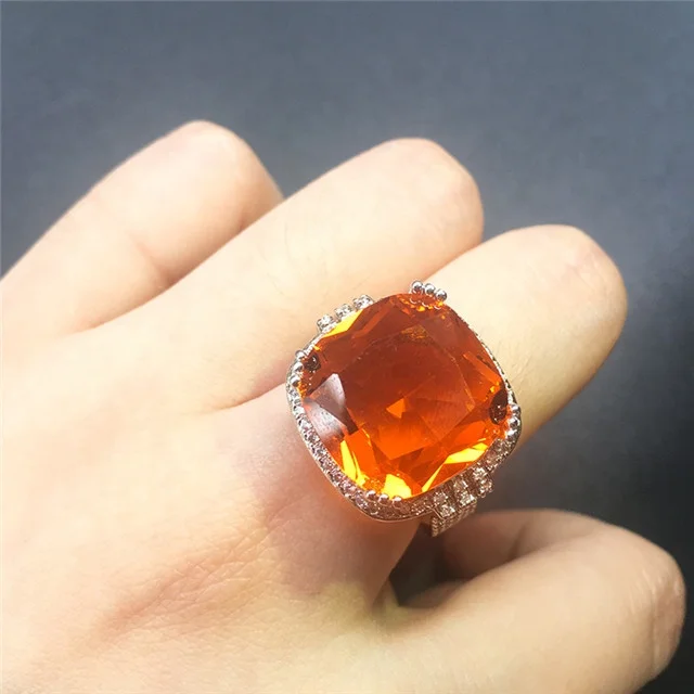 New 4CT Big Champagne CZ Stone silver Ring Large Single Orange Crystal Cut Luxury Ring party Women 925 Sterling Silver Jewelry