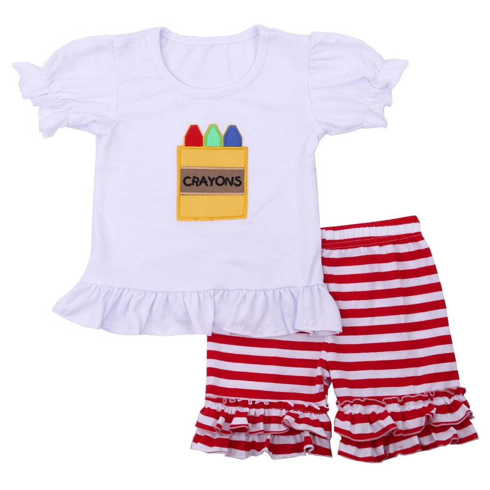 Summer kids girls clothing short sleeve blank cotton top shirts with appliques and shorts back to school outfit