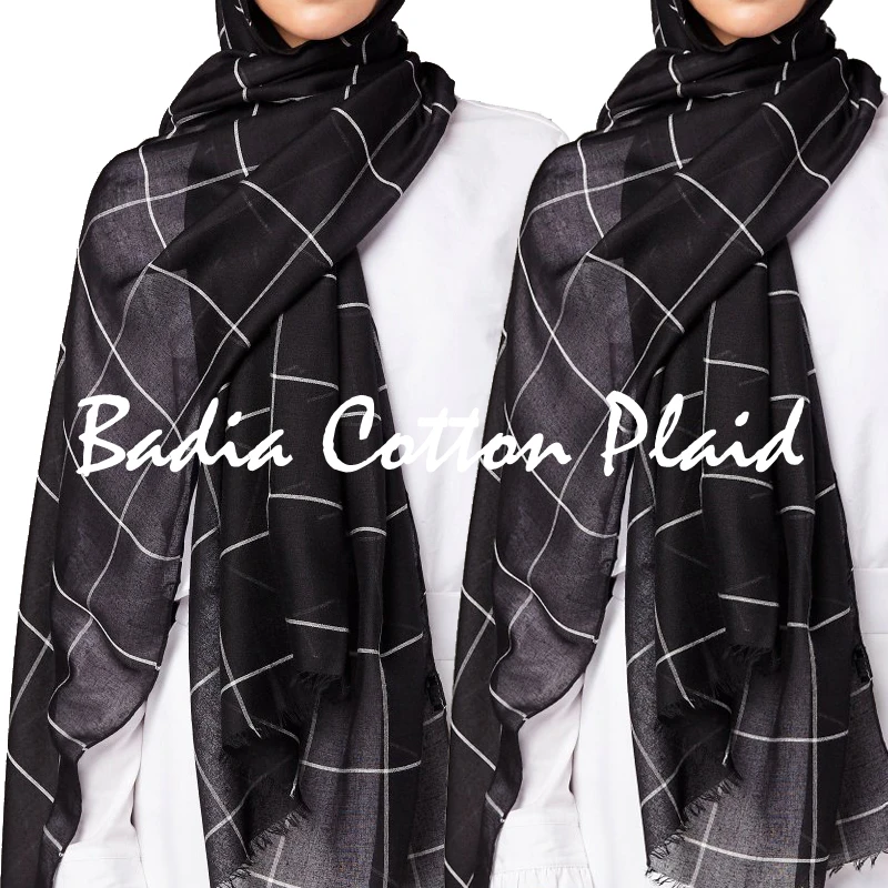 Black cotton blend grid frayed wraps muslim black plaid scarf hijab