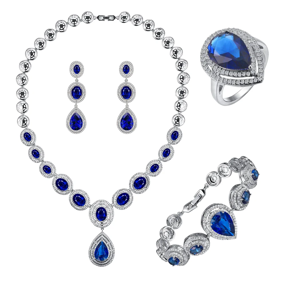 Luxury Blue Sapphire CZ Necklace Earrings Jewelry Set Women Bridal Blue Oval Cubic Zirconia Jewellery Set