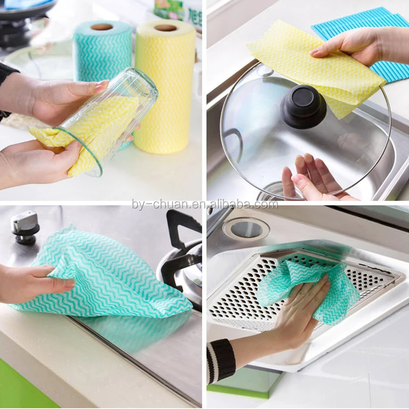 1 Roll Non-Woven Fabric Washing Cleaning Cloth Towels Kitchen Towel Disposable Striped Practical Rags Wiping Scouring Pad